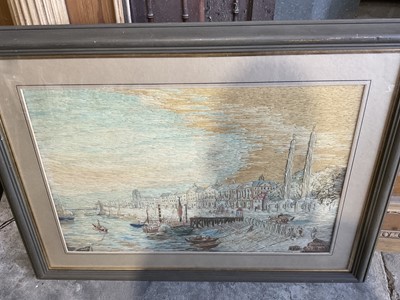 Lot 351 - Antique needlework picture of the Thames, 45 x 66cm, glazed frame