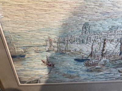 Lot 351 - Antique needlework picture of the Thames, 45 x 66cm, glazed frame