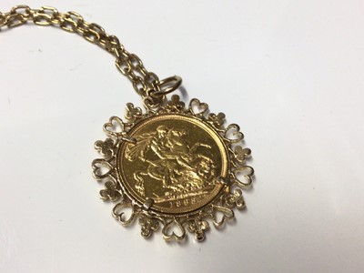 Lot 14 - Victorian gold sovereign in 9ct gold pendant mount on chain