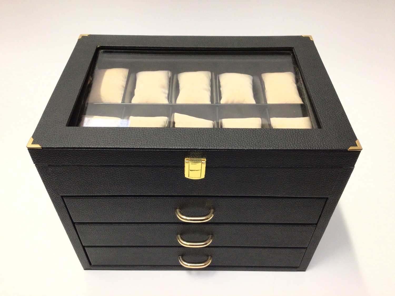 Lot 20 - Italian black leather three draw watch display box with glazed hinged lid