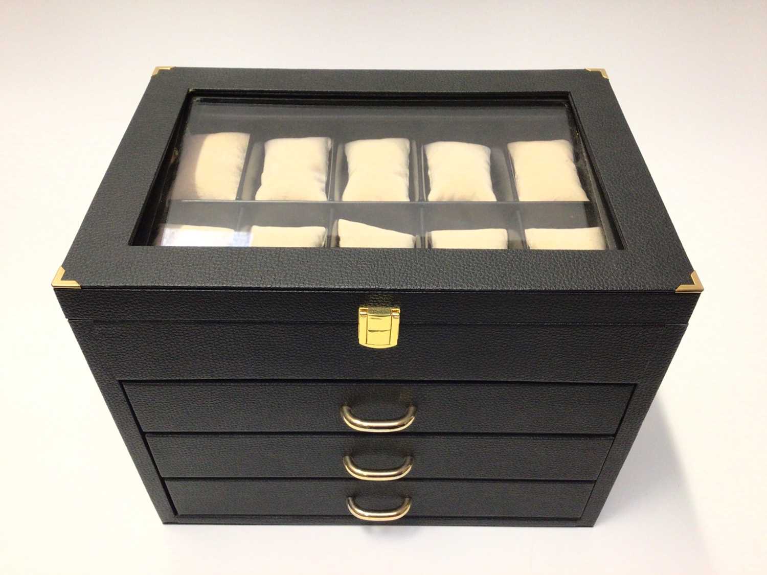 Draw Watch Box Lot 20 - Italian black leather three draw watch