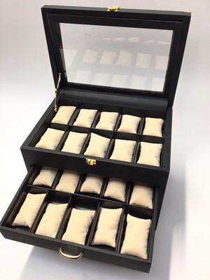 Lot 20 - Italian black leather three draw watch display box with glazed hinged lid