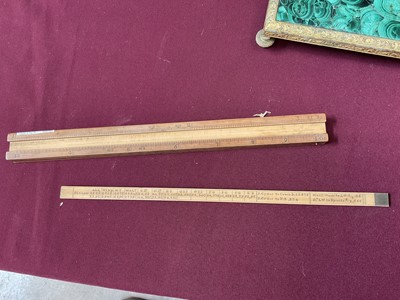 Lot 828 - Rare 18th century boxwood rule with three slides, each with measurements, the removeable rules with Ale, Wine, Malt etc, measurements for use by Customs & Excise in the brewery trade. Stamped 'E. R...