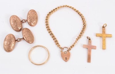 Lot 542 - Group of gold jewellery to include a pair of cufflinks, bracelet,  two cross pendants and wedding ring