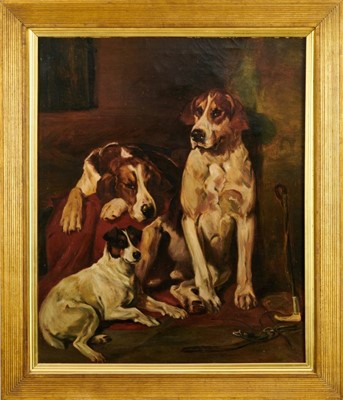 Lot 995 - Attributed to John Emms (1843-1912) oil on canvas - Hounds and a Terrier, 58cm x 48cm, in gilt frame