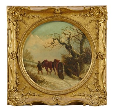 Lot 1122 - Thomas Smythe (1825-1906) pair of oils on panel, tondo - The Timber Wagon, Summer and Winter, signed, 36cm diameter, in gilt frames