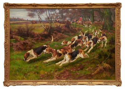 Lot 968 - Wright Barker (1864-1941) large oil on canvas - 'Gone Away', The Rufford Hounds in Sherwood Forest, signed and dated 1897 122cm x 178cm, in gilt frame