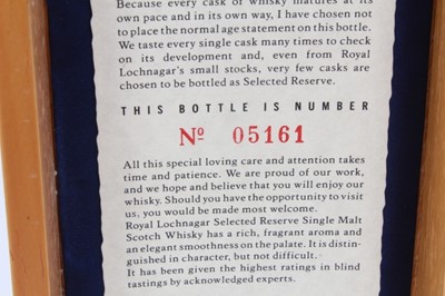 Lot 876 - Bottle of Royal Lochnagar Selected Reserve single highland malt Scotch whisky in fitted wooden presentation box with certificate numbered 05161, bottle 75cl.