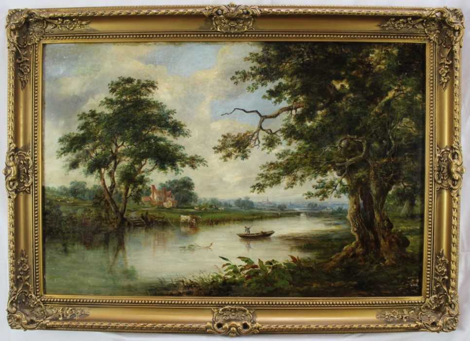 Lot 1174 - Robert Burrows (1810-1883) oil on canvas - extensive river landscape with figure in a punt, signed, 61cm x 91cm, in gilt frame