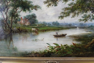Lot 1174 - Robert Burrows (1810-1883) oil on canvas - extensive river landscape with figure in a punt, signed, 61cm x 91cm, in gilt frame