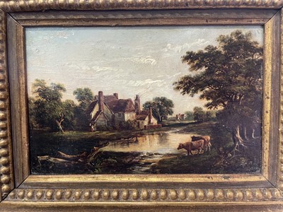 Lot 1151 - Robert Burrows (1810-1883) oil on panel - rural landscape, possibly Pond Hall, 10cm x 16cm, in gilt frame