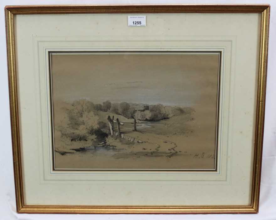 Lot 1255 - Henry Bright (1810-1873) pencil and chalk - bridge over a stream, initialled and dated 1832, 26cm x 37cm, in glazed frame