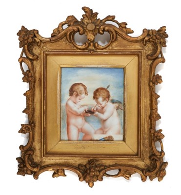 Lot 811 - Early 19th century painting on ivory of Cupid sharpening his arrows, taken from Myth of Danae by Correggio, in a decorative gilt frame, reverse signed Cosway. Painting 9.2cm x 11.0cm, frame 23cm x...