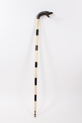 Lot 816 - 19th century Chinese walking cane, constructed of alternating sections of ox-bone and horn, with carved handle in the form of a serpent, with bulbous eyes. 84cm overall length.