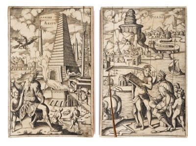 Lot 801 - Rare pair of engraved ivory panels in the manner of Locoppo Fiamengo (active 1594 - 1602) depicting the Pharos of Alexandria and the Pyramids, taken from engravings of the Seven Wonders of the Worl...