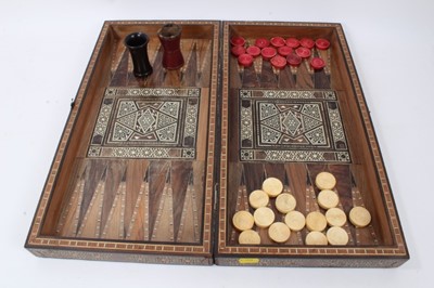 Lot 817 - Middle Eastern parquetry, wood, mother of pearl and bone, inlaid backgammon games box