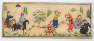 Lot 818 - 19th century Persian miniature painting on ivory with landscape scene with dancer and musicians performing before a dignitary in horse back. 105mm x 43mm.