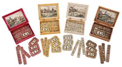 Lot 814 - Cased set of four early 18th century French ivory gaming boxes of rectangular form, each with penwork decoration depicting amorous scenes and sayings and containing a quantity of gambling chips and...