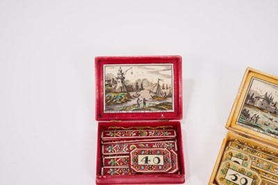 Lot 814 - Cased set of four early 18th century French ivory gaming boxes of rectangular form, each with penwork decoration depicting amorous scenes and sayings and containing a quantity of gambling chips and...