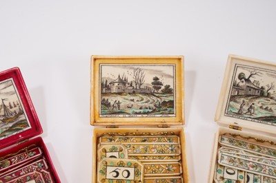 Lot 814 - Cased set of four early 18th century French ivory gaming boxes of rectangular form, each with penwork decoration depicting amorous scenes and sayings and containing a quantity of gambling chips and...