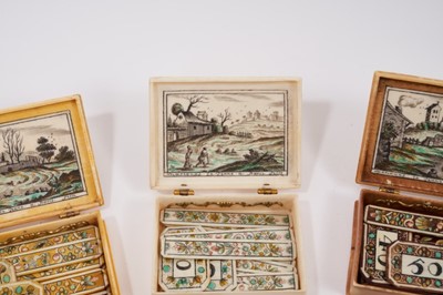 Lot 814 - Cased set of four early 18th century French ivory gaming boxes of rectangular form, each with penwork decoration depicting amorous scenes and sayings and containing a quantity of gambling chips and...