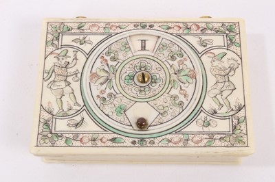 Lot 813 - An early 18th century French ivory gaming box, with penwork decoration and a circular marker on the cover for hearts, the interior with flower design and signed Mariaval Le Jeune a Paris feci...