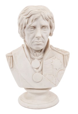 Lot 44 - Parian ware bust of Vice-Admiral Horatio Nelson (1758-1805) on a round socle, modelled by Joseph Pitts after a drawing by John Whichelo, inscribed under the base 'by JOSH PITTS. SC. LONDON 1853 Mod...