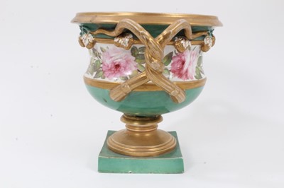 Lot 50 - Large English porcelain urn-type vase, early to mid 19th century, twin-handled on a square base, polychrome painted with roses on a green ground with gilt highlights, 24cm high