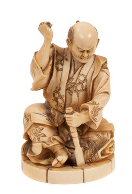 Lot 730 - Good quality late 19th century Japanese carved ivory figure of a wheelwright with chisel sitting on a cart wheel , signed 8.5 cm high, 5.5 cm wide