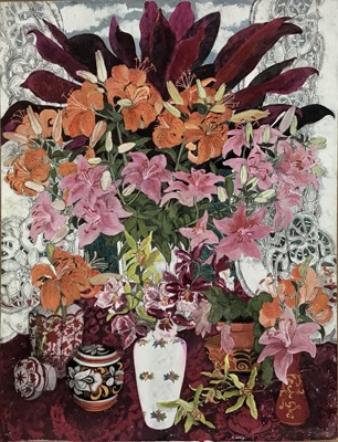 Lot 1225 - *Dione Page (1936-2021) gouache on paper laid on board - still life with pink lilies, signed, titled and dated, 60cm x 78cm, unframed