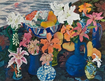 Lot 1224 - *Dione Page (1936-2021) gouache - still life with blue vases, signed, dated ‘99 and faintly titled, 78cm x 60cm, unframed