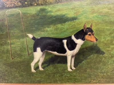 Lot 1044 - William Albert Clark (1880 - 1963) oil on canvas, A black and white Jack Russell named Flusie standing by a croquet hoop in a garden, signed inscribed and dated 1944. 34 x 45cm.