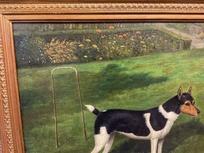 Lot 1044 - William Albert Clark (1880 - 1963) oil on canvas, A black and white Jack Russell named Flusie standing by a croquet hoop in a garden, signed inscribed and dated 1944. 34 x 45cm.
