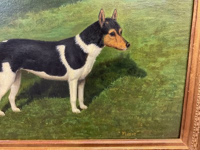 Lot 1044 - William Albert Clark (1880 - 1963) oil on canvas, A black and white Jack Russell named Flusie standing by a croquet hoop in a garden, signed inscribed and dated 1944. 34 x 45cm.