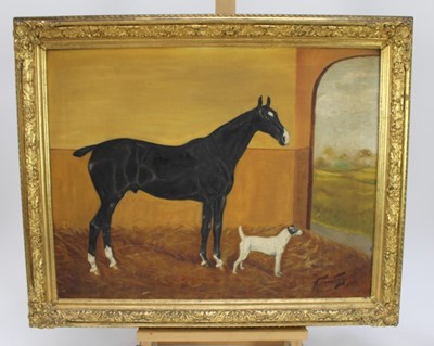 Lot 1042 - English School late 19th Century, oil on canvas, A bay hunter and a dog in a stable