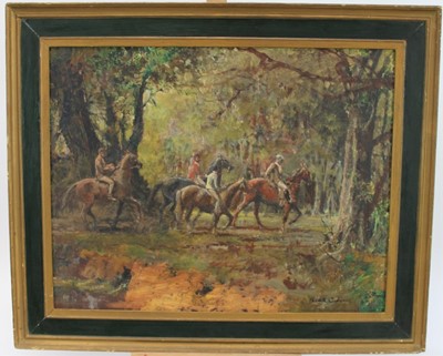 Lot 1041 - Frank Osborne (1887 - 1948), oil on board, Morning Exercise, signed, 45cm x 58cm, in gilt and painted frame