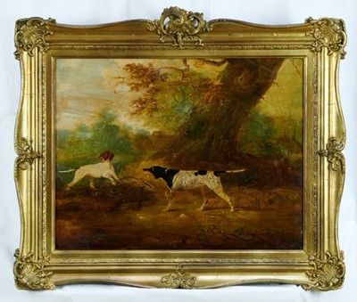 Lot 1040 - English School, 19th century, oil on board, A landscape with two pointer dogs