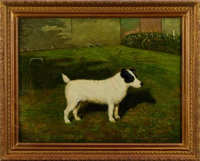 Lot 1043 - William Albert Clark (1880 - 1963), oil on canvas, 
A mainly white terrier named Jim standing by  
a croquet hoop in a garden, signed, inscribed and dated 1944, in gilt frame. 
34 x 45cm.