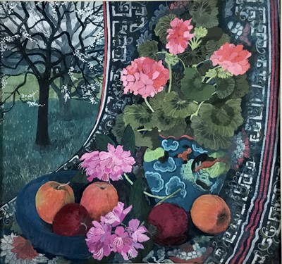 Lot 1227 - *Dione Page (1936-2021) gouache on paper laid on card - still life with apples and pink flowers, signed, 61cm x 58.5cm, with mount, unframed.