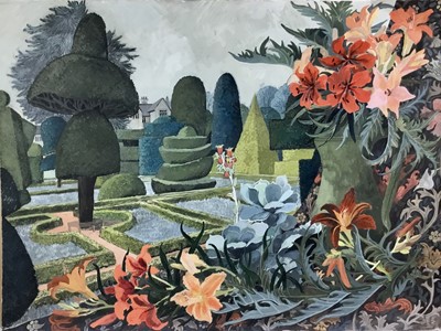 Lot 1229 - *Dione Page (1936-2021) gouache on paper - 'Levens Hall', signed titled and dated '02, 76cm x 57.5cm, unframed.