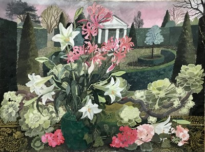 Lot 1230 - *Dione Page (1936-2021) gouache on paper - still life with gardens beyond, faintly signed, 76cm x 57cm, unframed.