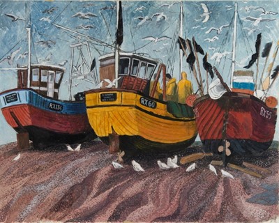 Lot 1234 - *Dione Page (1936-2021) gouache and pastel on paper laid on card - 'Beached at Hastings', signed titled and dated '93, 76cm x 60cm, unframed.