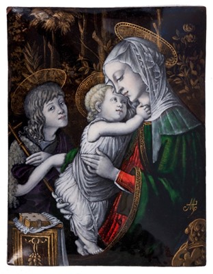 Lot 716 - 19th century Limoges enamel plaque, with finely painted depiction after Boticelli of the Mother, the Child and John the Baptist, signed, 17 x 13.5cm