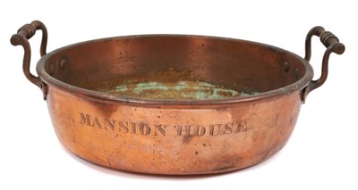 Lot 717 - 19th century copper preserve pan, engraved 'Mansion House' with twin flanking handles, 39cm wide