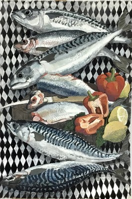 Lot 1235 - *Dione Page (1936-2021) gouache on paper - 'Herring and Mackerel', signed and titled, 38cm x 57cm, unframed.