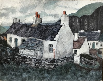 Lot 1247 - *Dione Page (1936-2021) gouache and pastel on paper laid on card - 'Quarrymens Cottages', signed and titled, 76cm x 60cm, unframed.