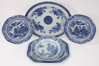 Lot 85 - Five 18th century Chinese blue and white export dishes, one decorated in the Fitzhugh style and the rest with landscapes (5)