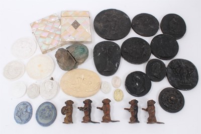 Lot 724 - Assorted works of art, including collection of plaster seals, two Victorian mother of pearl card case, cold painted metal dog band, ancient Egyptian pottery sphinx (in three pieces)