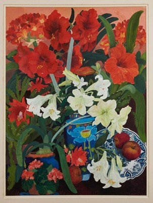 Lot 1240 - *Dione Page (1936-2021) gouache and pastel on paper - still life with red Amaryllis, signed titled and dated, 60cm x 80cm, with double mount unframed.