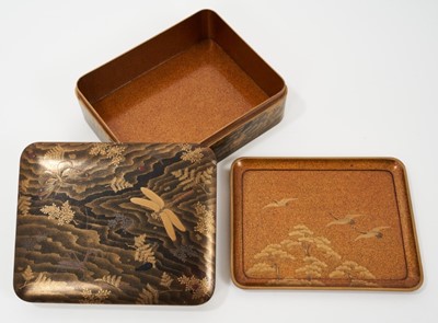 Lot 745 - Fine quality 19th century Japanese lacquer box, decorated with insects and foliage, of rounded rectangular cushion form, housing internal tray. 17cm wide